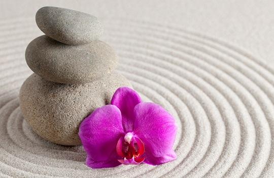 Zen stones and orchid flower on rippling sand