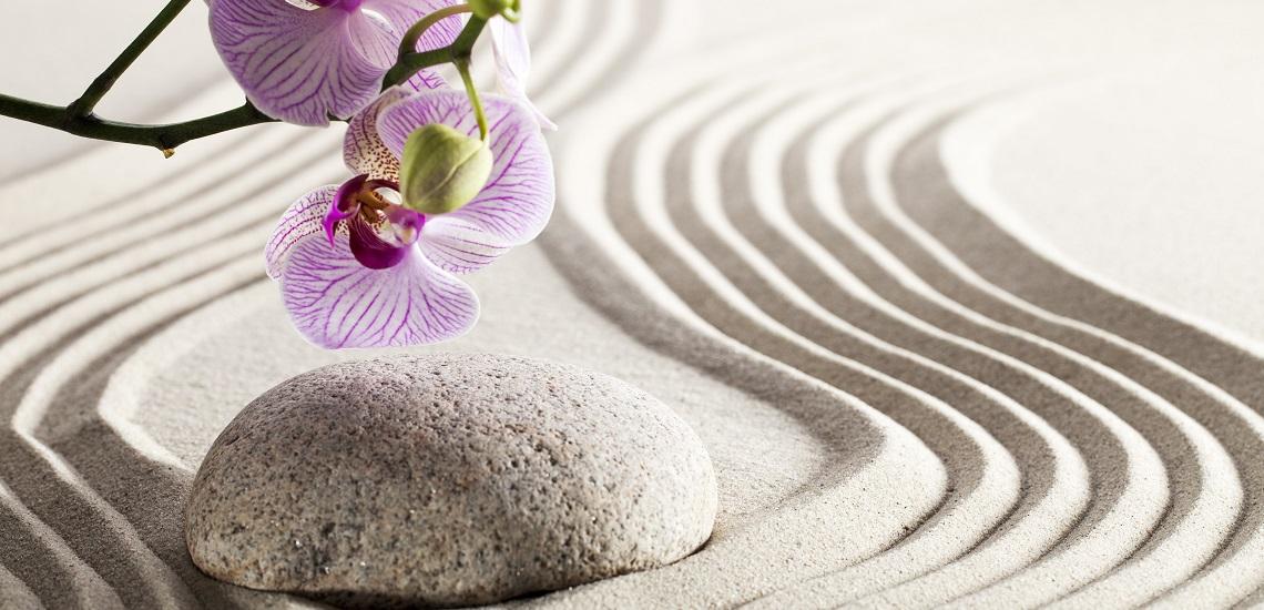 Zen lilac orchid flowers with green stems on rippling sand