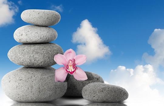 Zen stones and pink orchid flower with blue sky and clouds background